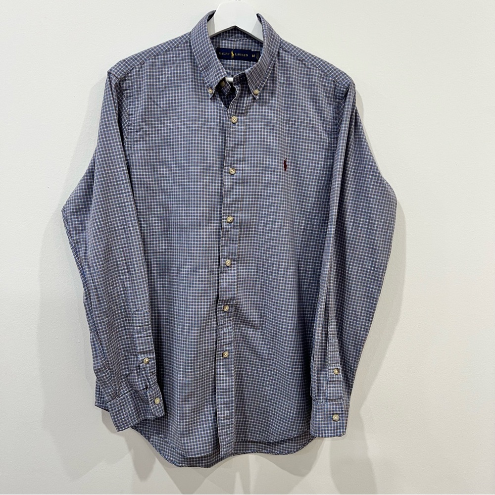 Ralph Lauren Navy Checkered Plaid Blue Brown Button Down Shirt Burgundy Logo Med